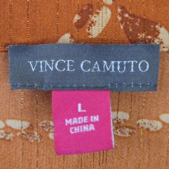 Vince Camuto Pintuck Ruffle Cuff Blouse Rust Leaf Pattern Subtle Sparkle Size L - Picture 9 of 12